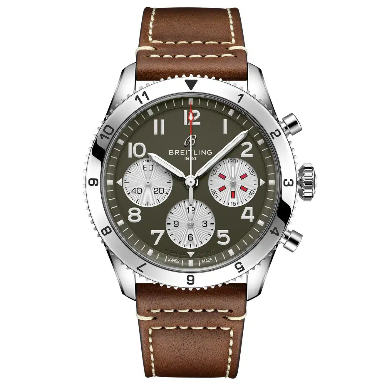 Breitling Classic AVI A233802A1L1X1 Chronograph 42mm Curtiss Warhawk Green Dial Bi-Directional Bezel Stainless Steel with Brown Calfskin Leather Strap Watch
