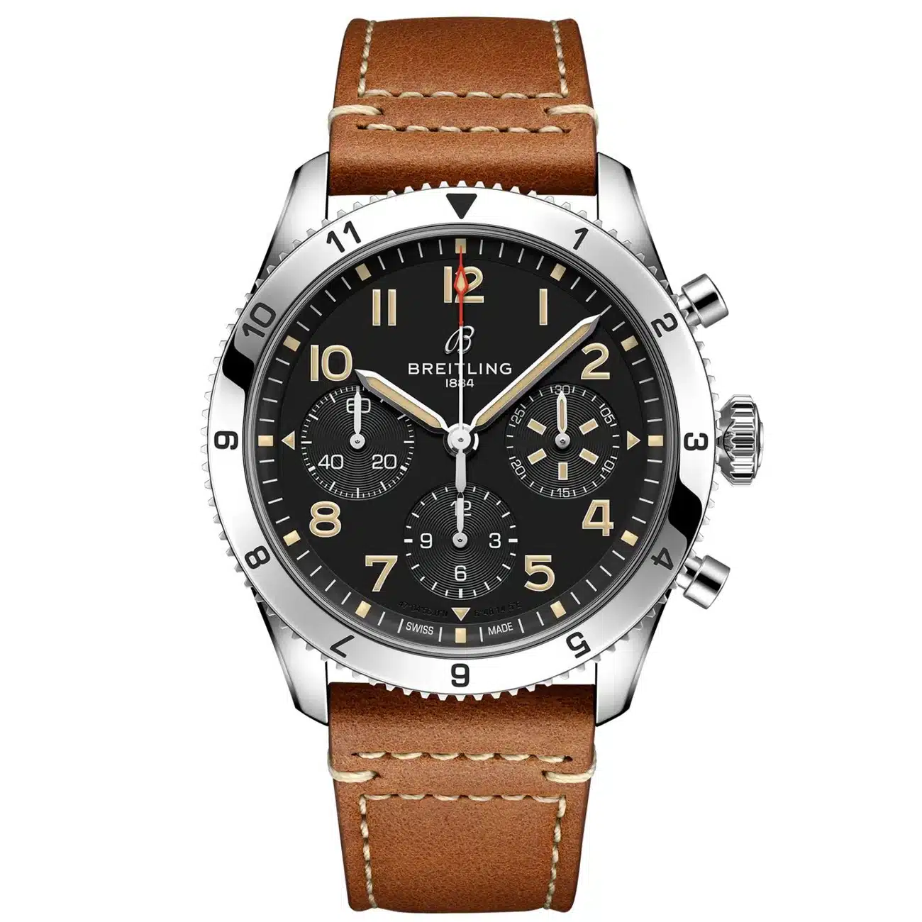 Breitling Classic AVI A233803A1B1X1 Chronograph 42mm P-51 Mustang Black Dial Bi-Directional Bezel Stainless Steel with Brown Calfskin Leather Strap Watch