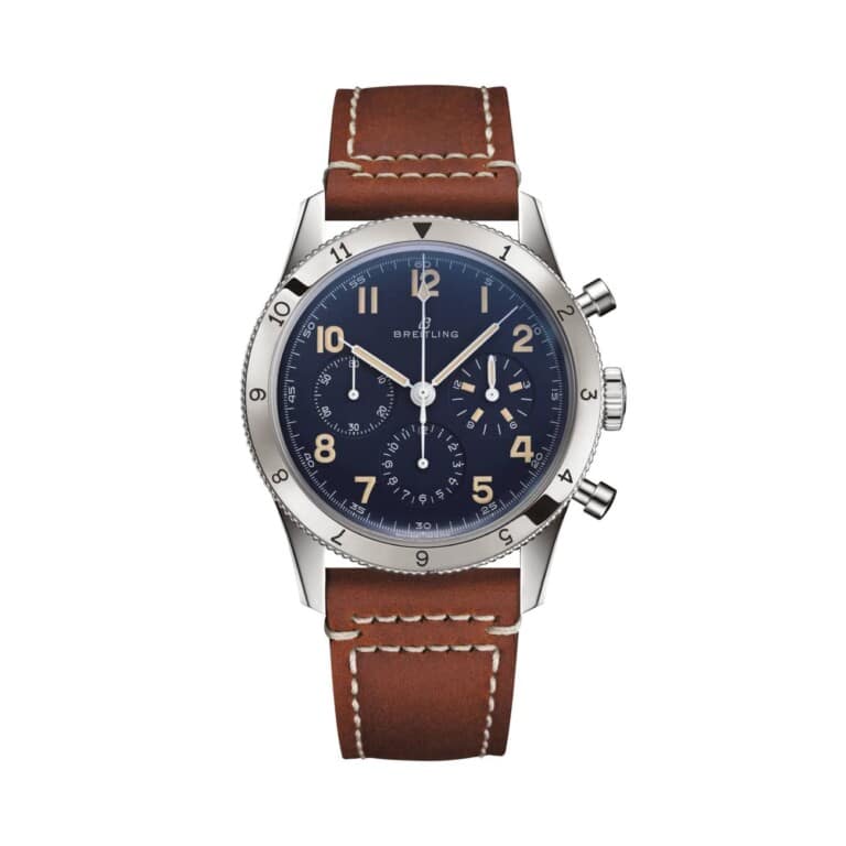 Breitling Classic AVI LB0920131C1X1 41mm Blue Dial Bi-Directional Bezel Platinum with Gold Brown Calfskin Leather Strap Watch