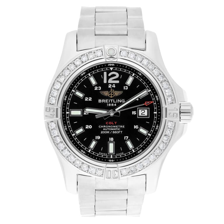 Breitling Colt A1738811/BD44 Black Dial Custom Diamond Bezel Stainless Steel Watch