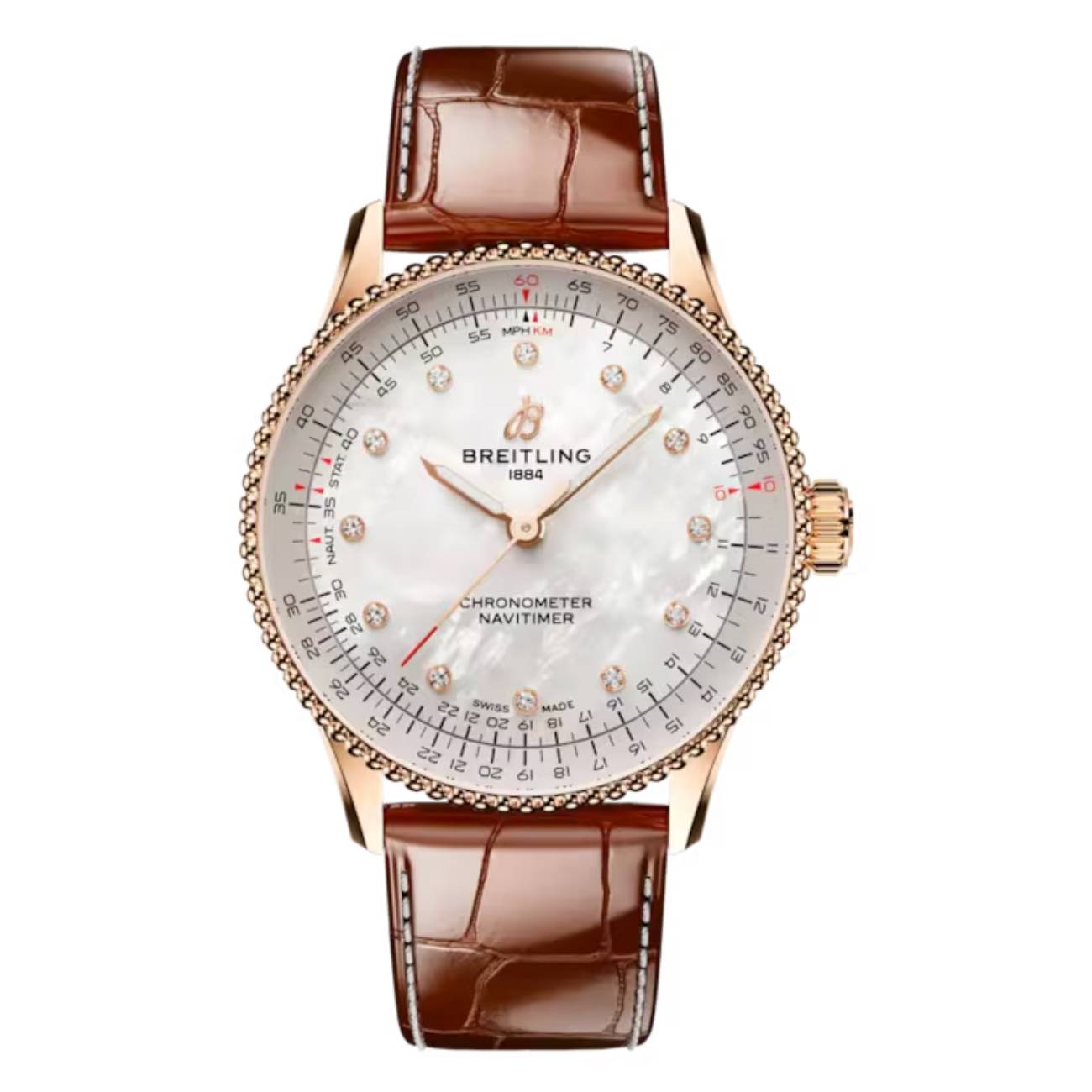 Breitling Navitimer Automatic R17327211A1P1 36mm White Mother of Pearl Dial Bi-Directional Rotating Bezel 18k Red Gold with Brown Alligator Leather Strap Watch