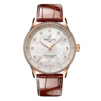 Breitling Navitimer R77320E61A1P1 32mm White Mother of Pearl Dial Fixed Bezel Small Scale Traceable 18K Red Gold with Brown