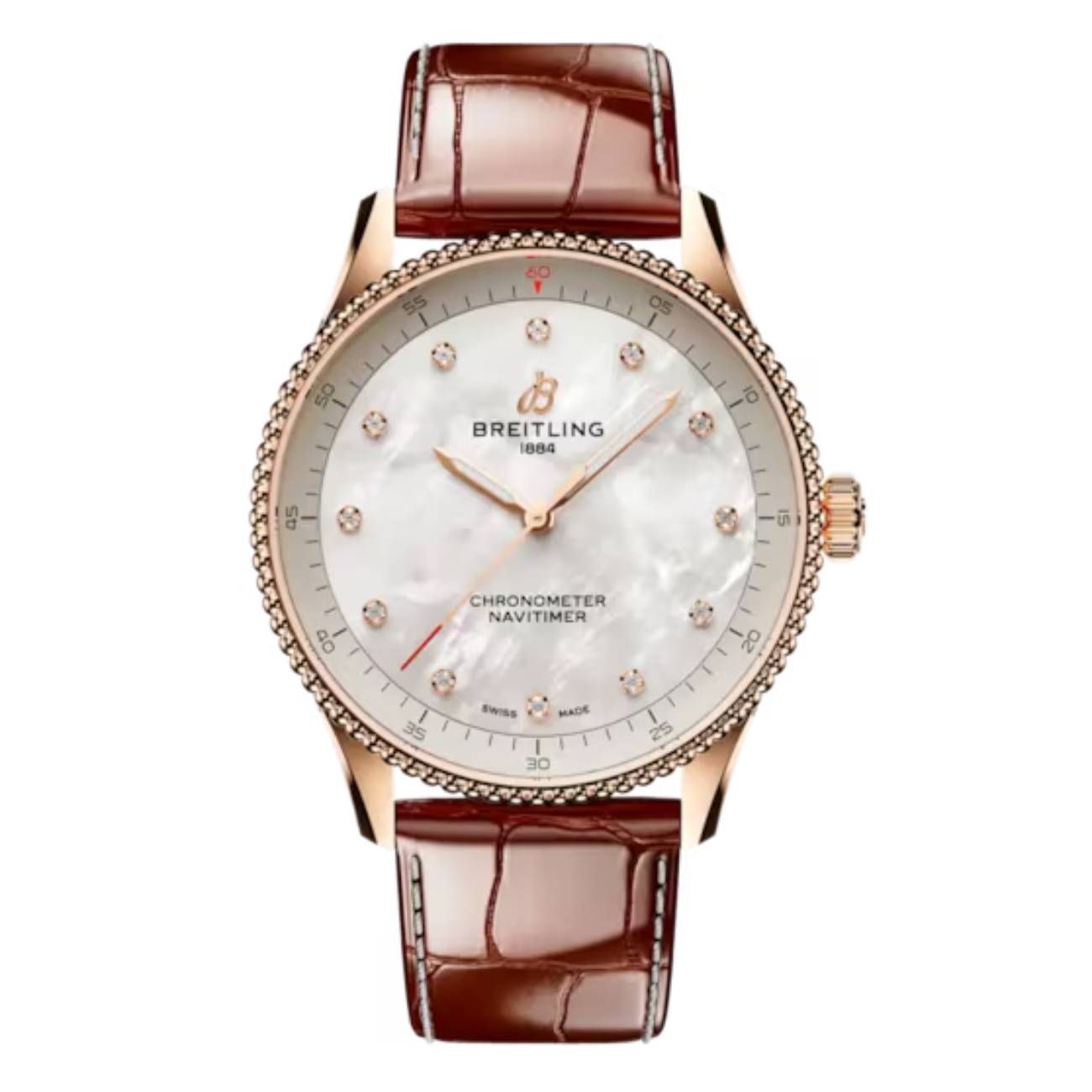 Breitling Navitimer R77320E61A1P1 32mm White Mother of Pearl Dial Fixed Bezel Small Scale Traceable 18K Red Gold with Brown Alligator Leather Strap Watch