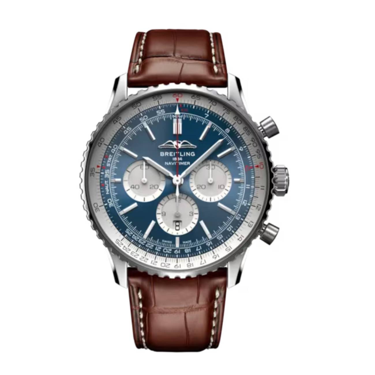 Breitling Navitimer B01 Chronograph AB0137211C1P1 46mm Blue Dial Bidirectional Rotating Bezel Stainless Steel with Brown Alligator Leather Strap Watch