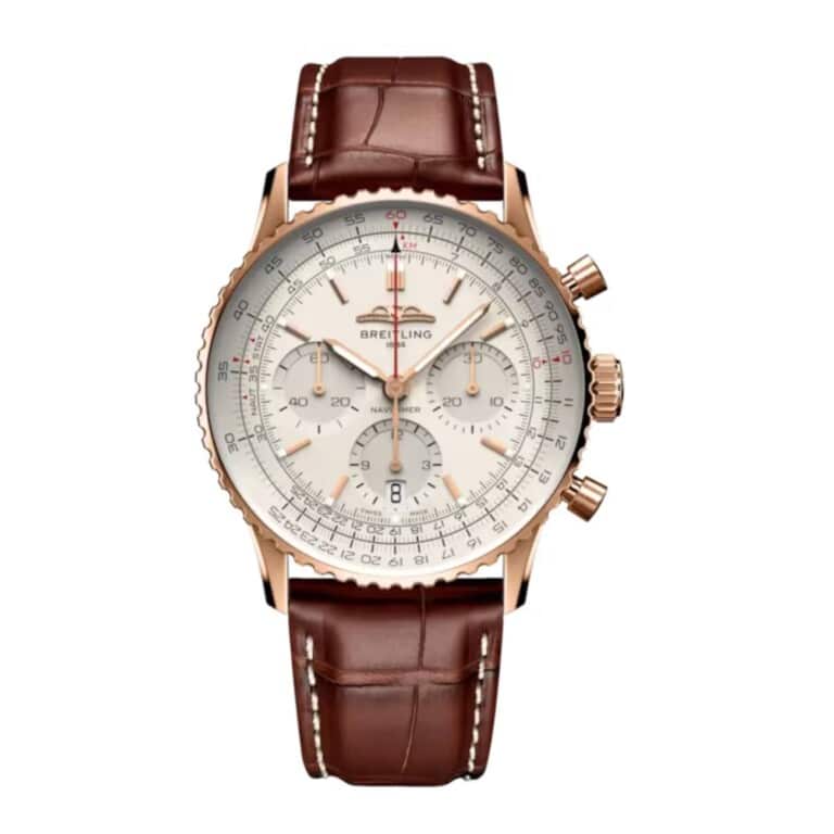 Breitling Navitimer B01 Chronograph RB0139211G1P1 41mm Silver Dial Bidirectional Bezel 18k Red Gold with Brown Alligator