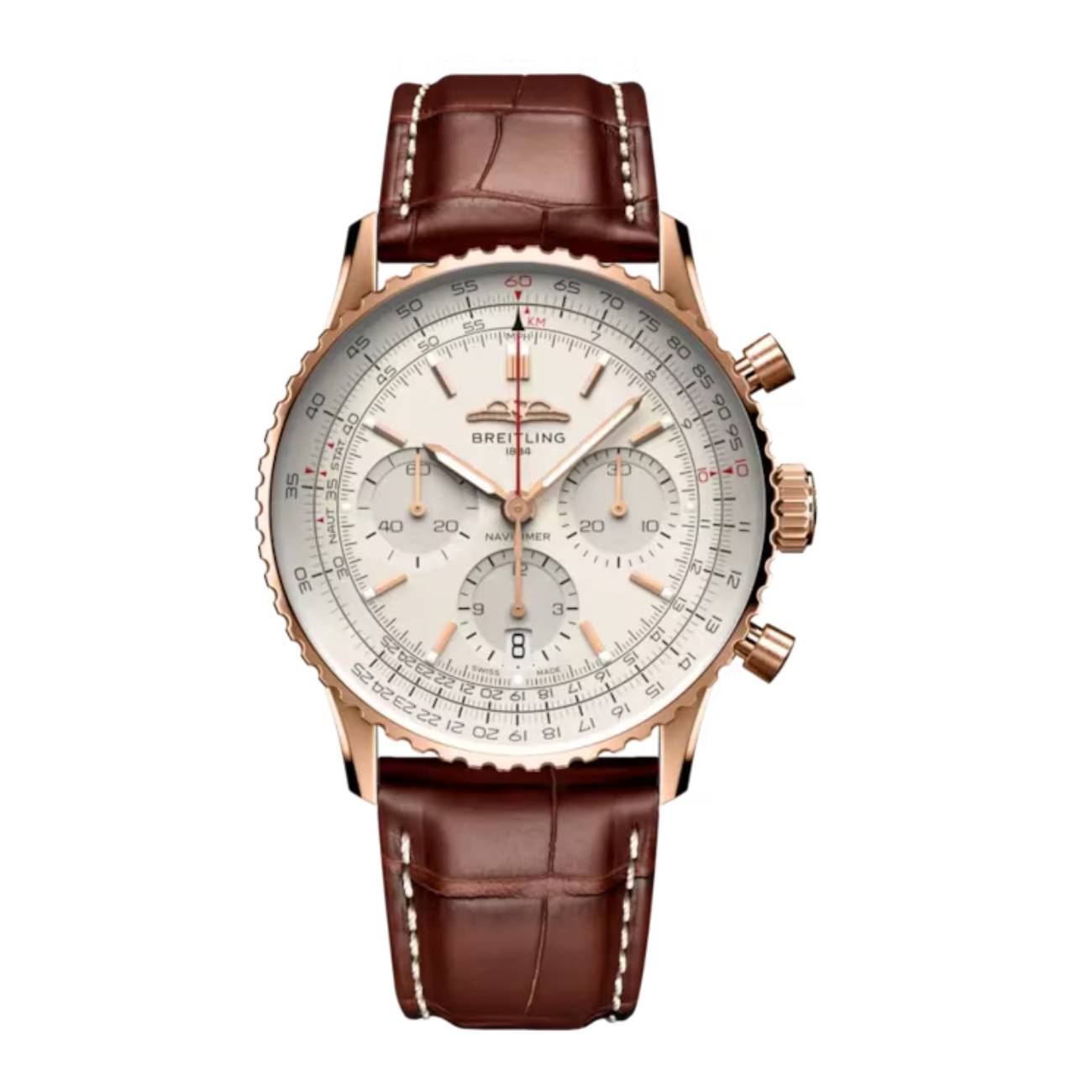 Breitling Navitimer B01 Chronograph RB0139211G1P1 41mm Silver Dial Bidirectional Bezel 18k Red Gold with Brown Alligator Leather Strap Watch