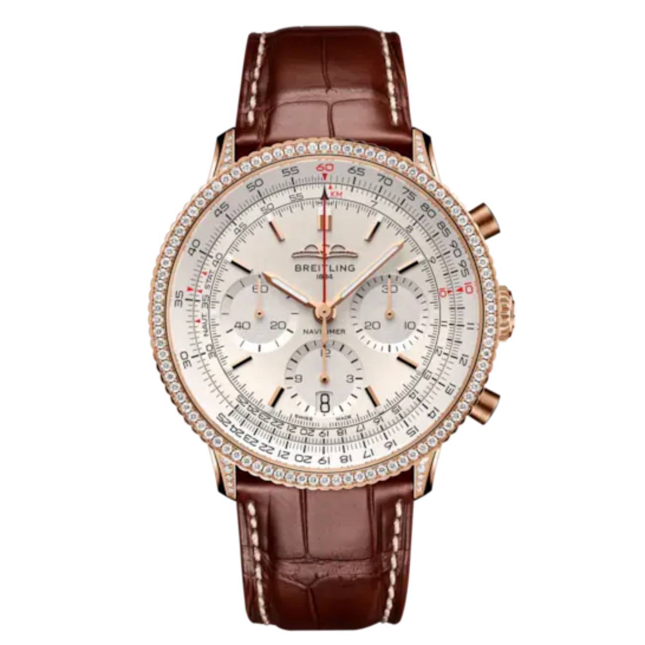 Breitling Navitimer B01 Chronograph RB0139631G1P1 41mm White Dial Fixed Bezel 18k Red Gold (Gem-set) with Brown Alligator Leather Strap Watch
