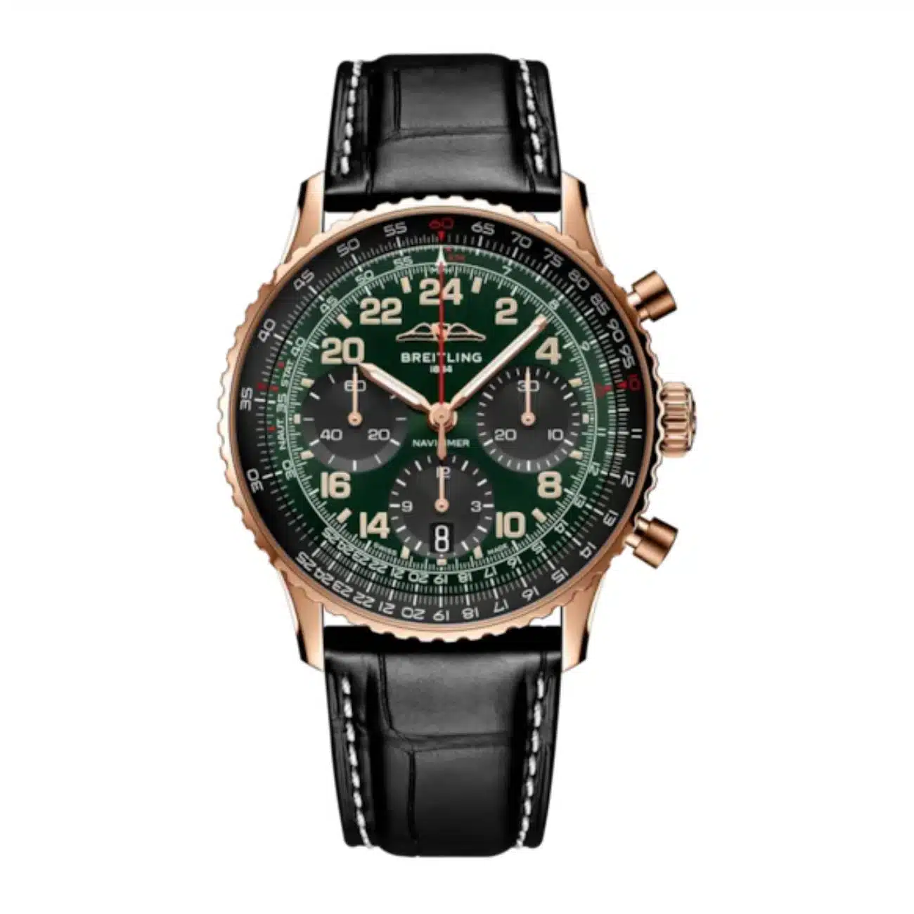 Breitling Navitimer B12 RB12302A1L1P1 41mm Green Dial Bi-Directional Bezel 18k Red Gold With Black Leather Strap Watch