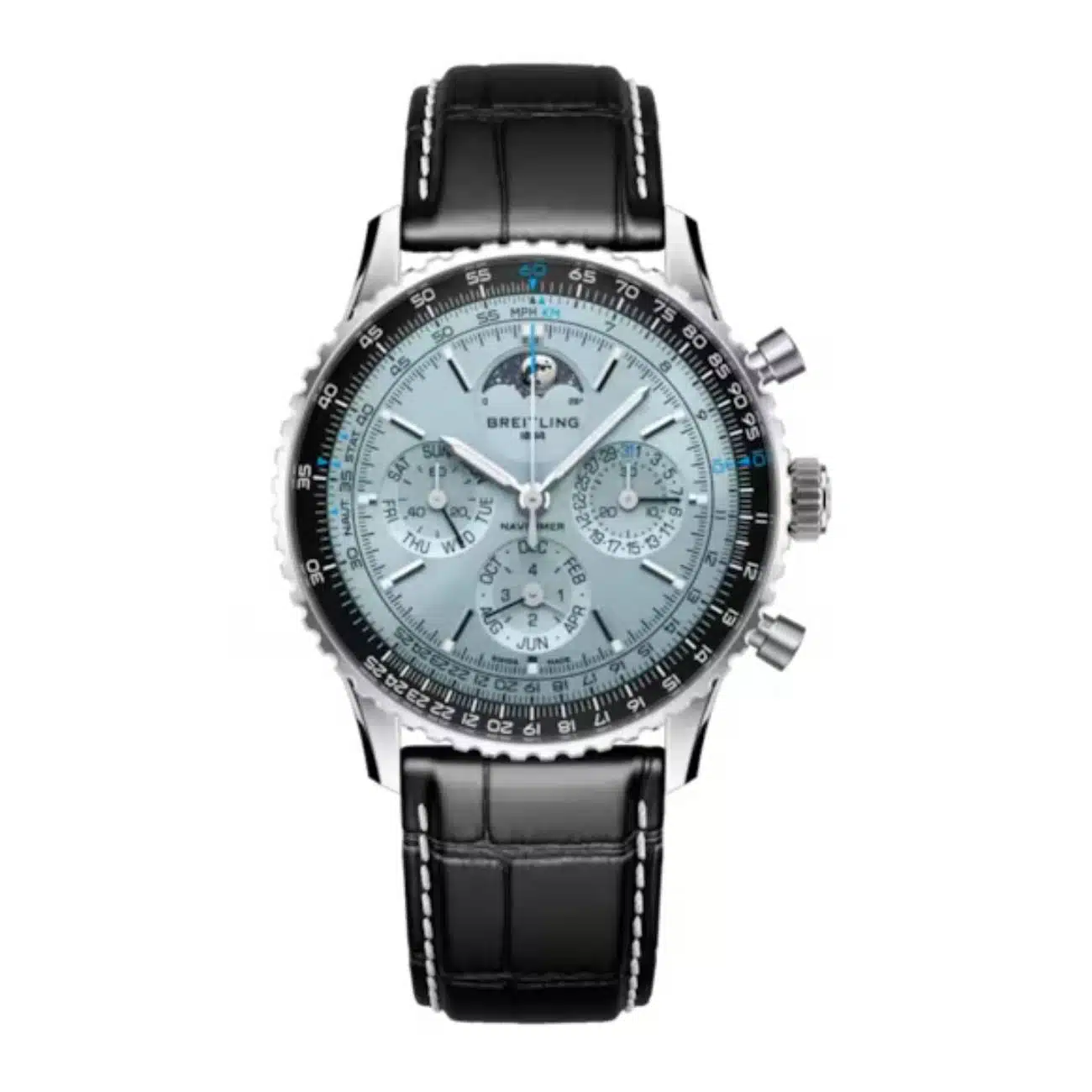 Breitling Navitimer B19 PB1920251C1P1 43mm Ice Blue Dial Bi-Directional Bezel 18k Stainless Steel and Platinum With Black Leather Strap Watch