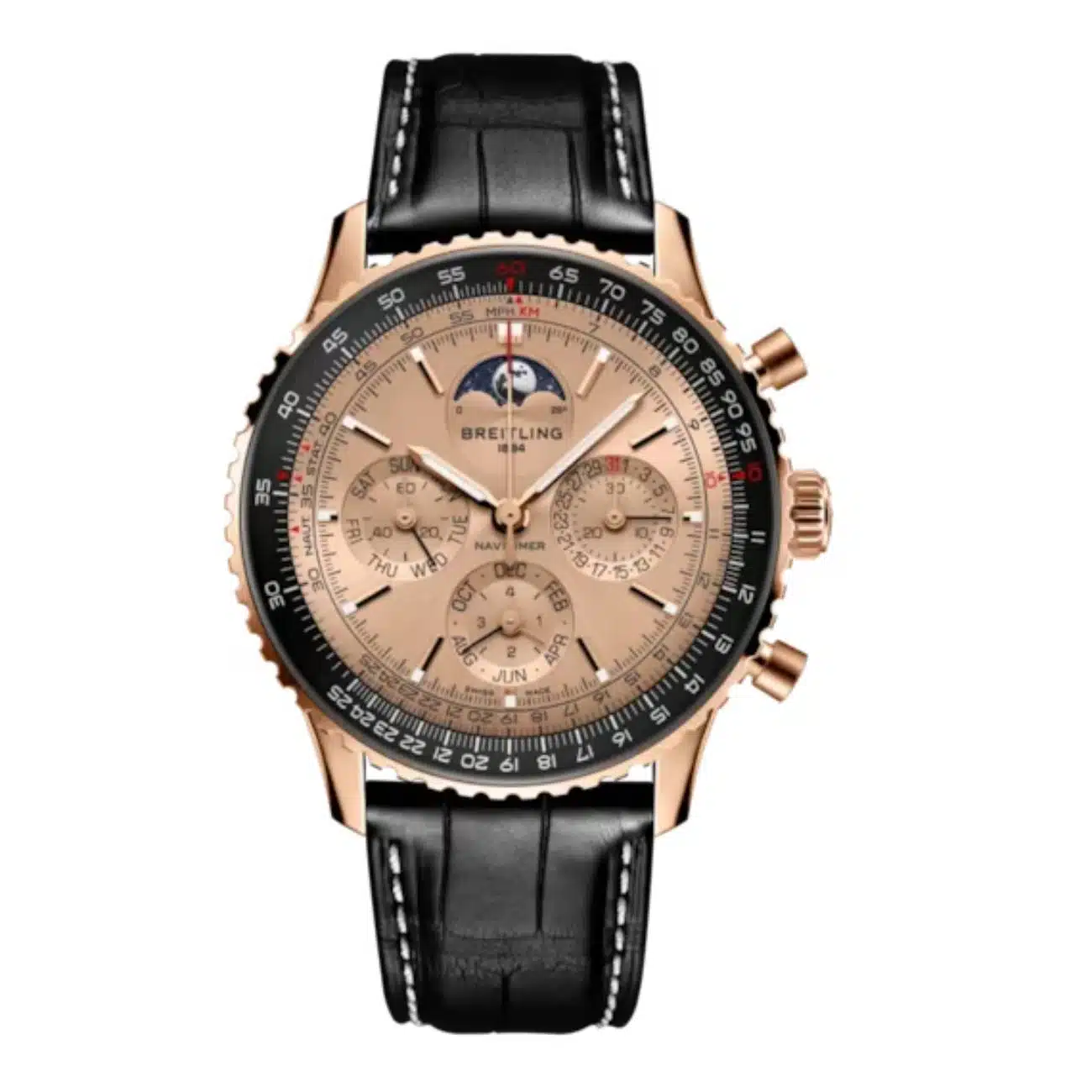 Breitling Navitimer B19 RB19101A1H1P1 43mm Red Gold Bi-Directional Bezel 18k Red Gold With Black Leather Strap Watch