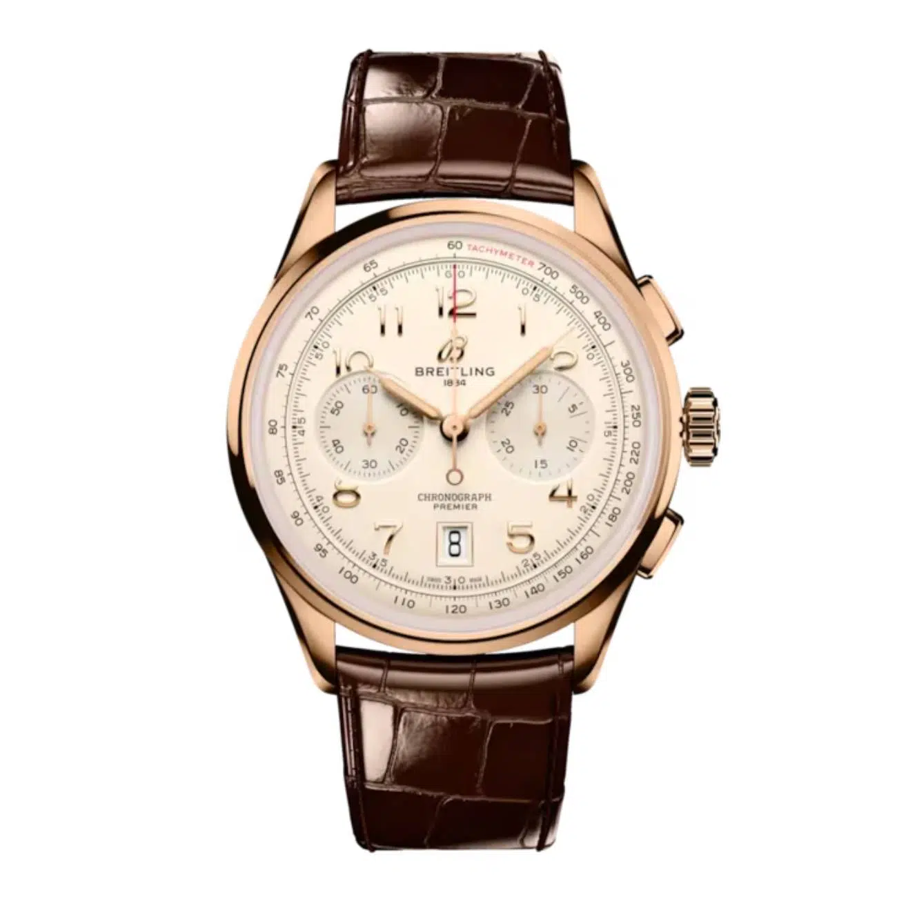 Breitling Premier B01 Chronograph RB0145371G1P1 42mm Cream Dial Fixed Bezel 18k Red Gold With Brown Leather Strap Watch