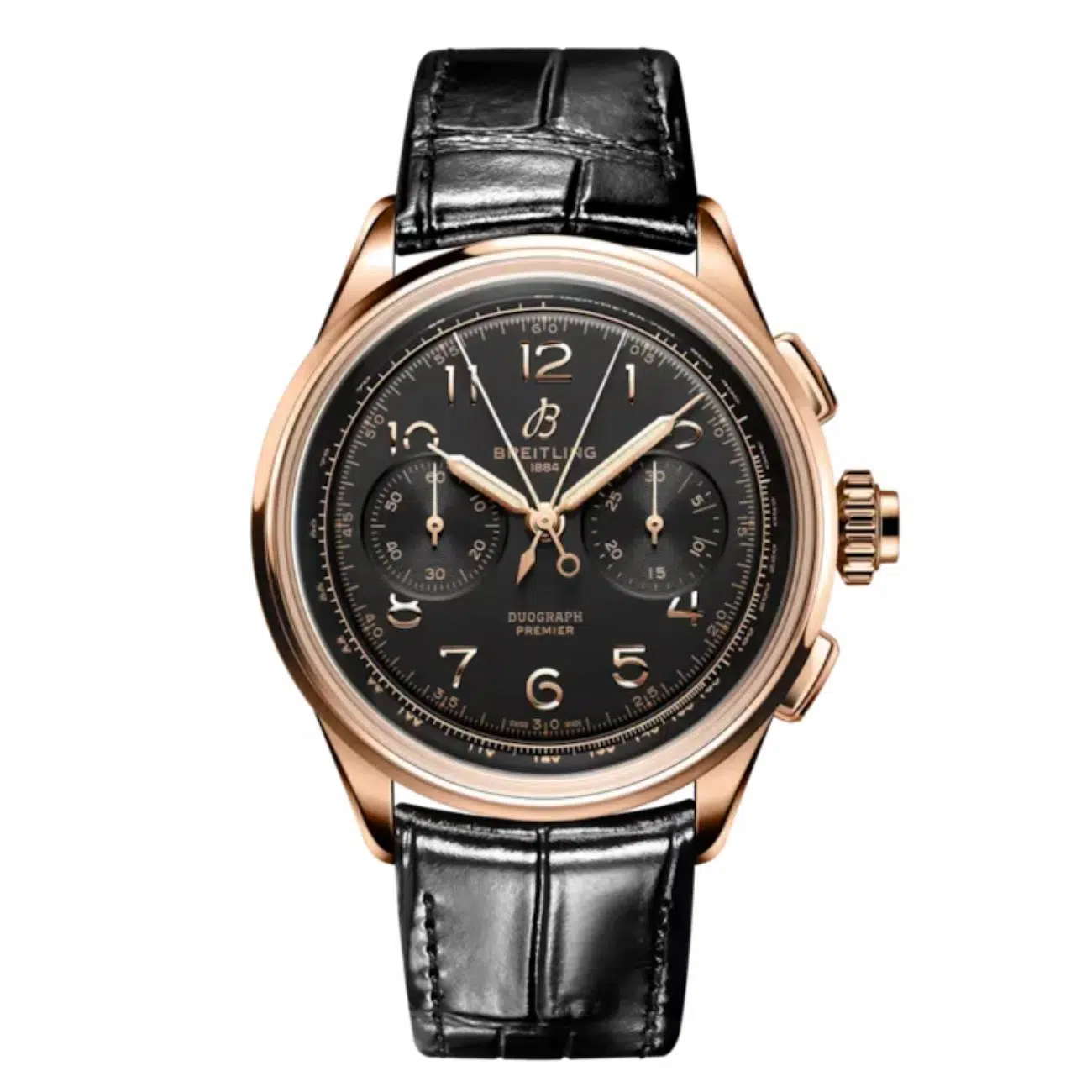 Breitling Premier B15 Duograph RB1510251B1P1 42mm Black Dial Fixed Bezel 18k Red Gold With Black Leather Strap Watch