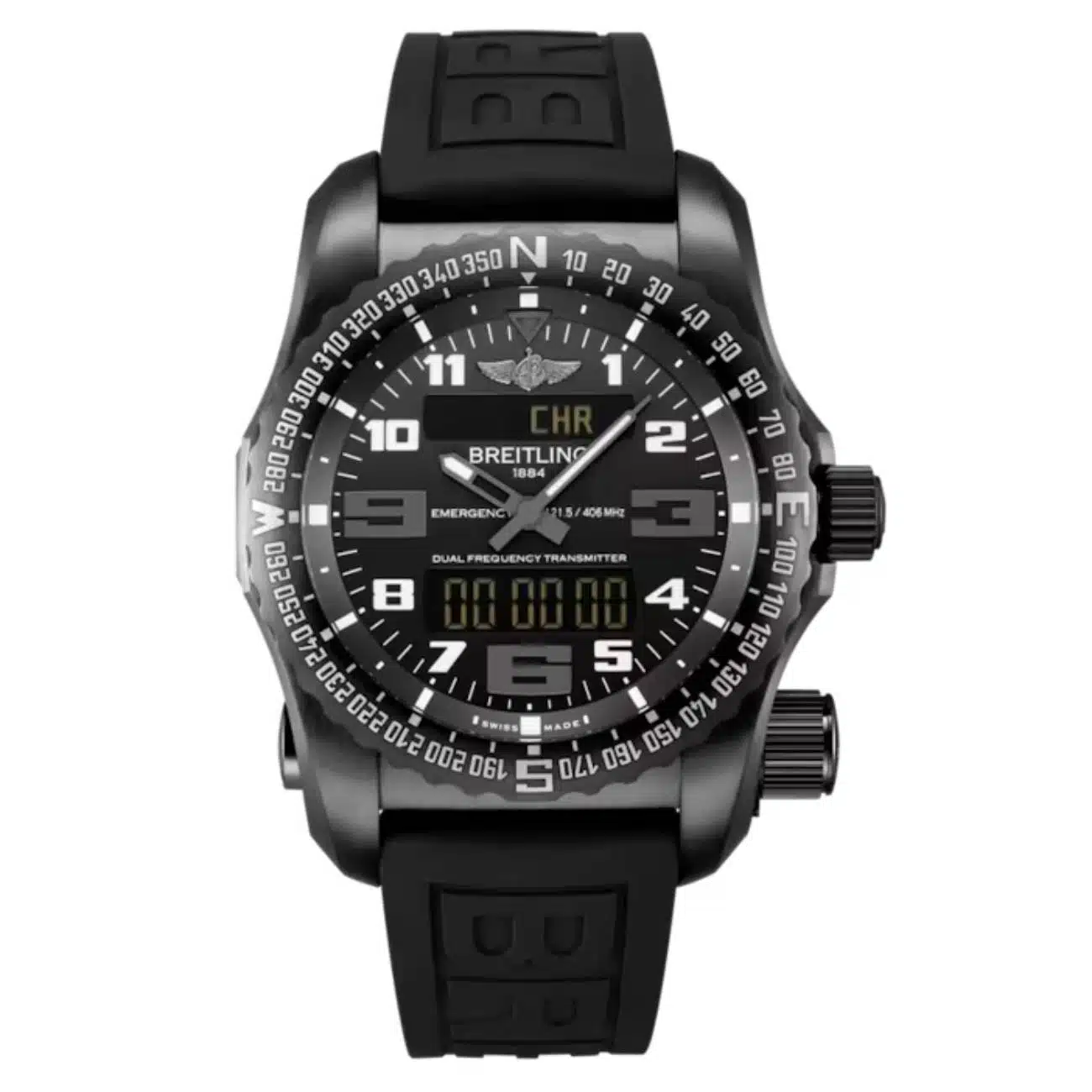 Breitling Professional Emergency V76325221B1S1 51mm Black Dial Bidirectional Rotating Bezel DLC-Coated Titanium with Black Rubber Strap Watch