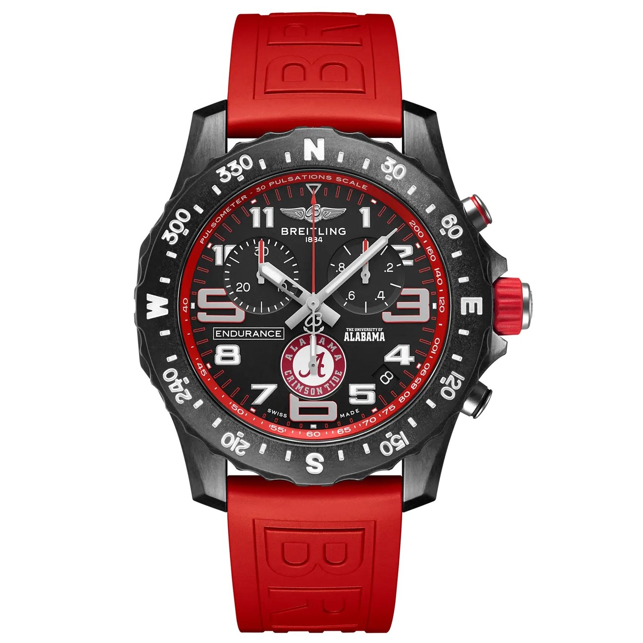 Breitling Professional Endurance Pro X823102C1B1S1 44mm The University of Alabama Black Dial Bi-directional Bezel in Red Rubber Strap Watch