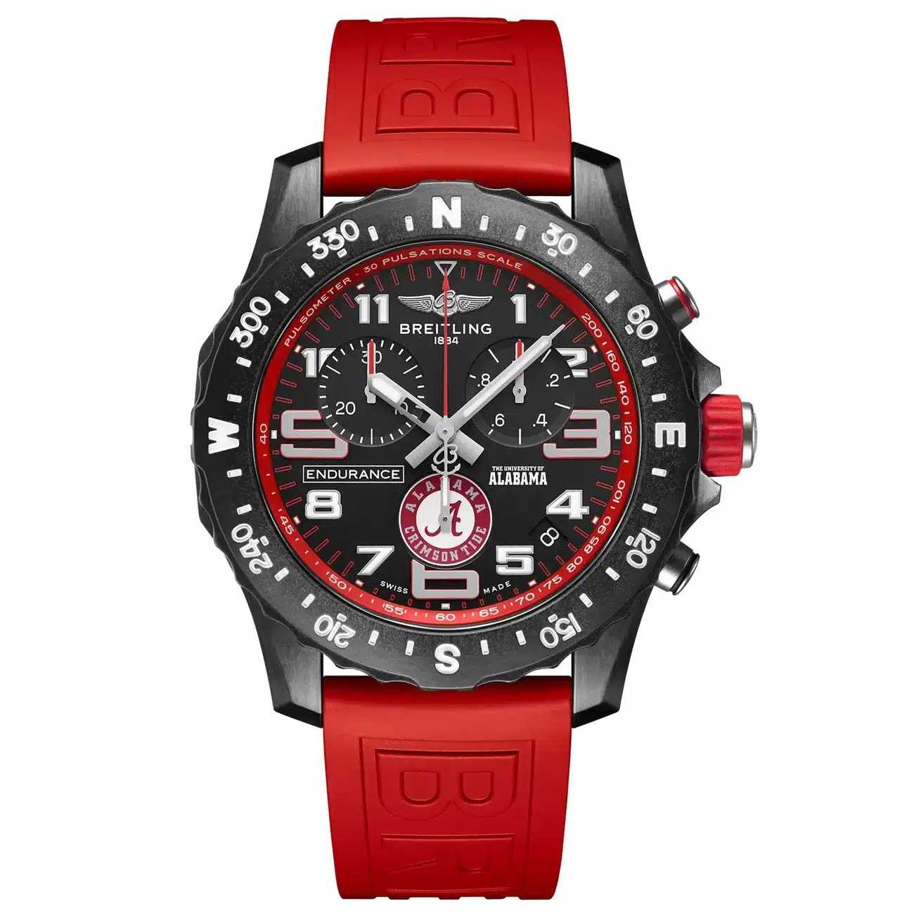 Breitling Professional Endurance Pro X823102C1B1S1 44mm The University of Alabama Black Dial Bi-directional Bezel in Red Rubber Strap Watch