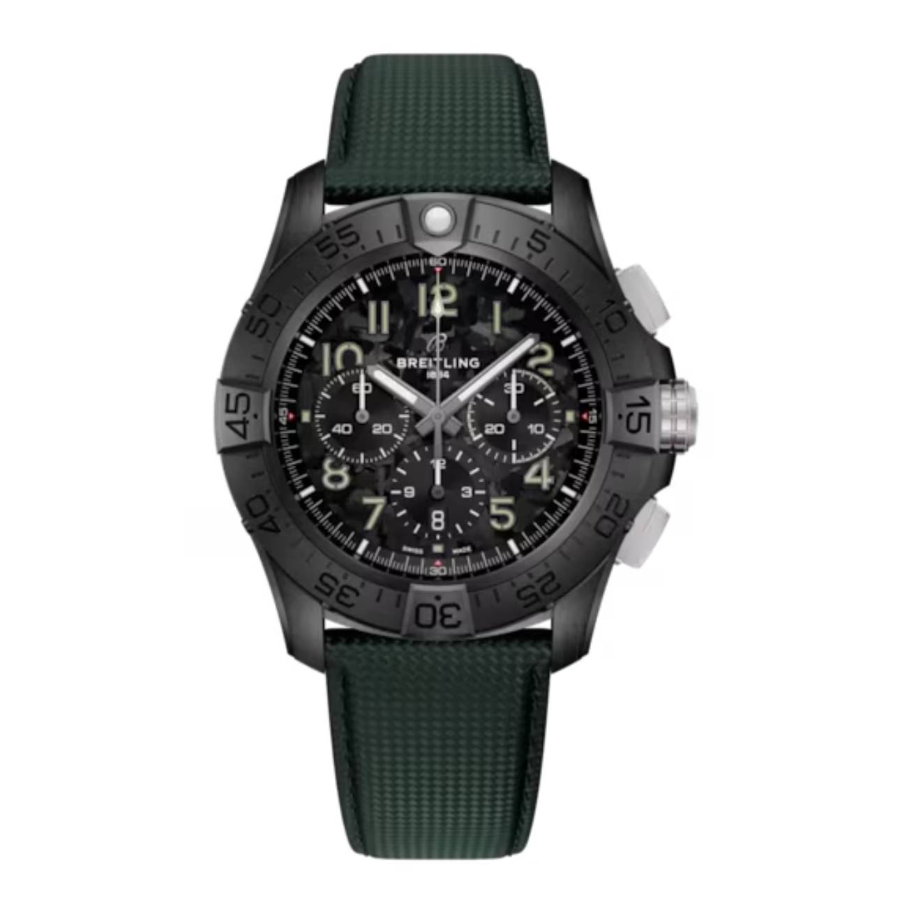 Breitling Super Avenger B01 Chronograph Night Mission SB0148101B1X1 46mm Black Camouflage Patterened Dial Unidirectional, Ratcheted Bezel Ceramic With Khaki Green Calfskin Leather Strap Watch