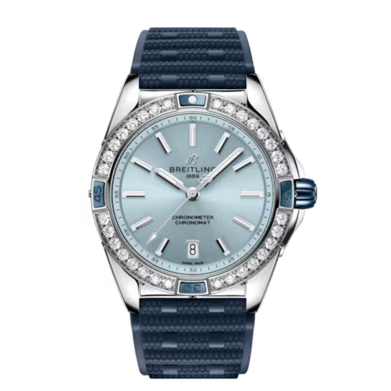 Breitling Super Chronomat Automatic A17356531C1S1 38mm Ice Blue Dial Unidirectional Ratcheted Rotating Bezel Stainless Steel with Blue Rubber Strap Watch