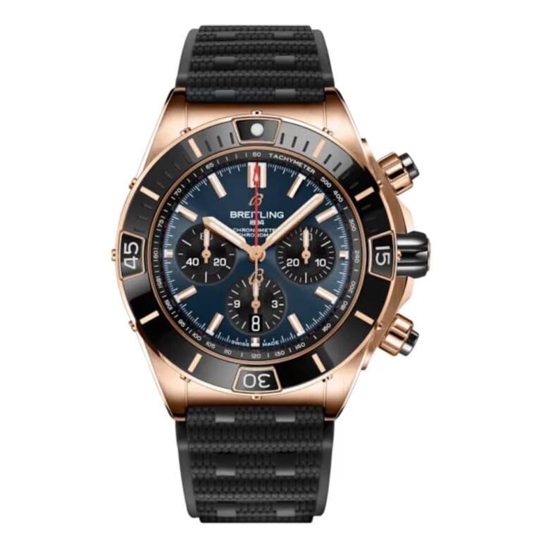 Breitling Super Chronomat B01 RB01362A1C1S1 44mm Blue Dial Unidirectional Ratcheted Rotating Bezel 18k Red Gold With Black