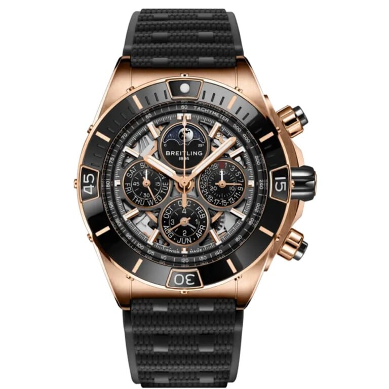 Breitling Super Chronomat B19 RB19301A1G1S1 44mm Skeleton Dial Unidirectional Ratcheted Rotating Bezel 18k Red Gold With