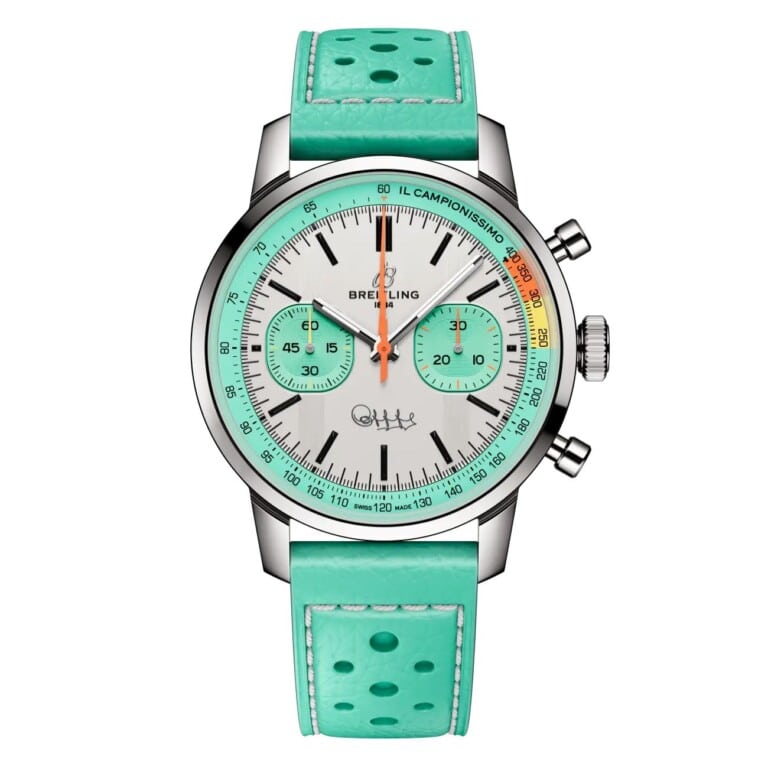 Breitling Top Time AB01768A1A1X1 B01 Fausto Coppi 41mm Silver Dial Fixed Bezel Stainless Steel With Turquoise Calfskin