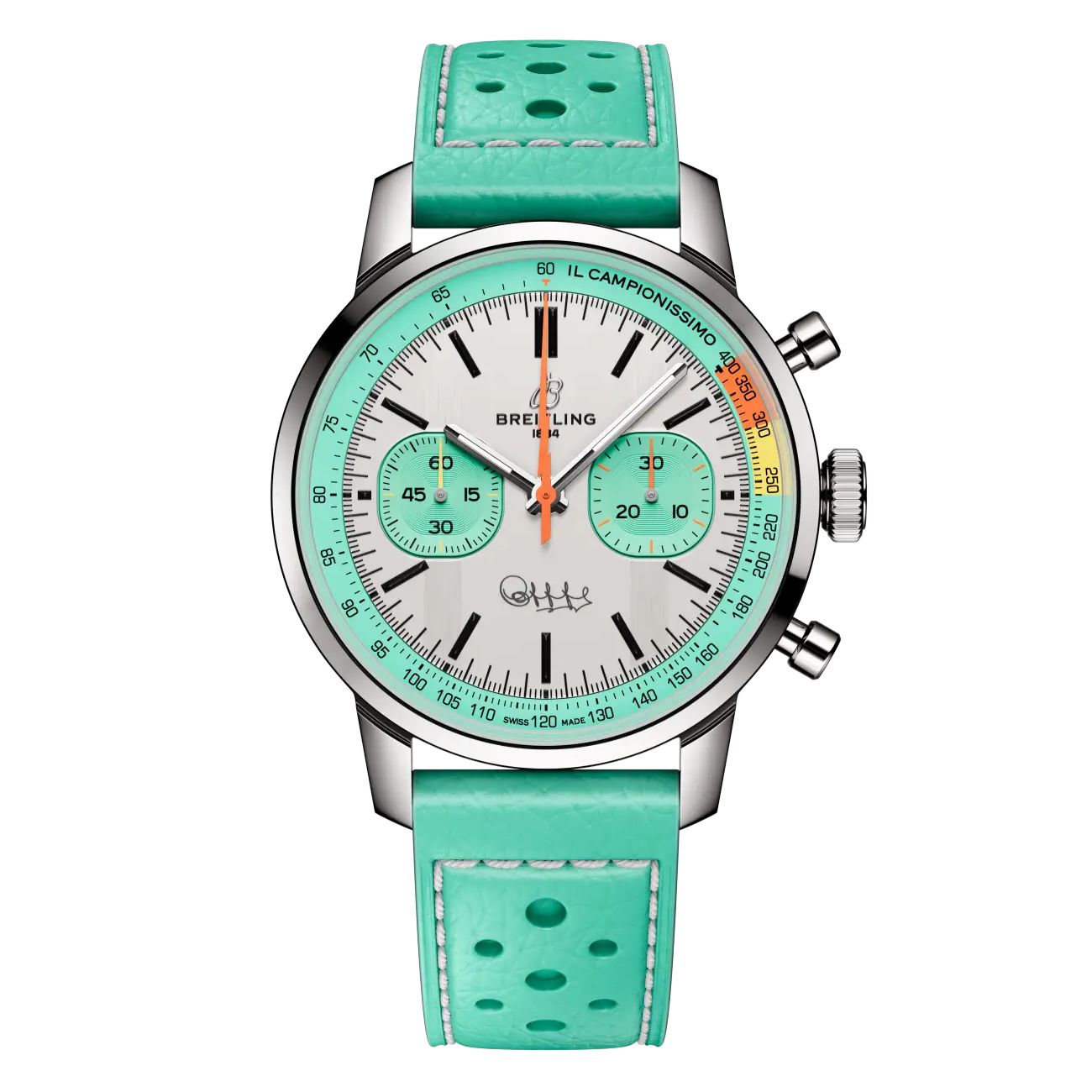 Breitling Top Time  AB01768A1A1X1 B01 Fausto Coppi 41mm Silver Dial Fixed Bezel Stainless Steel With Turquoise Calfskin Leather Strap Watch