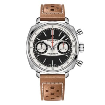 Breitling Top Time AB01771A1B1X1 B01 Racing 38mm Black Dial Fixed Bezel Stainless Steel in Beige Calfskin Leather Strap Watch