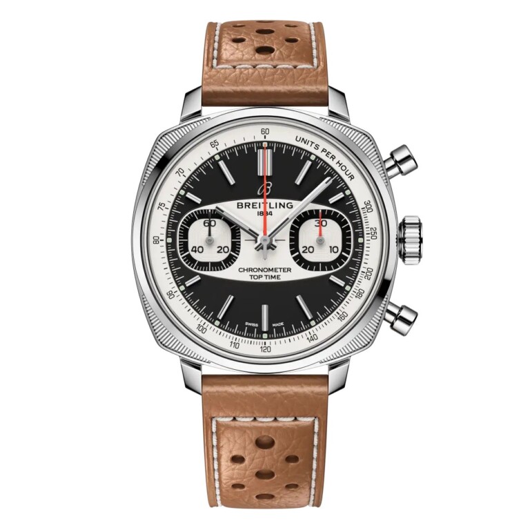 Breitling Top Time AB01771A1B1X1 B01 Racing 38mm Black Dial Fixed Bezel Stainless Steel in Beige Calfskin Leather Strap Watch