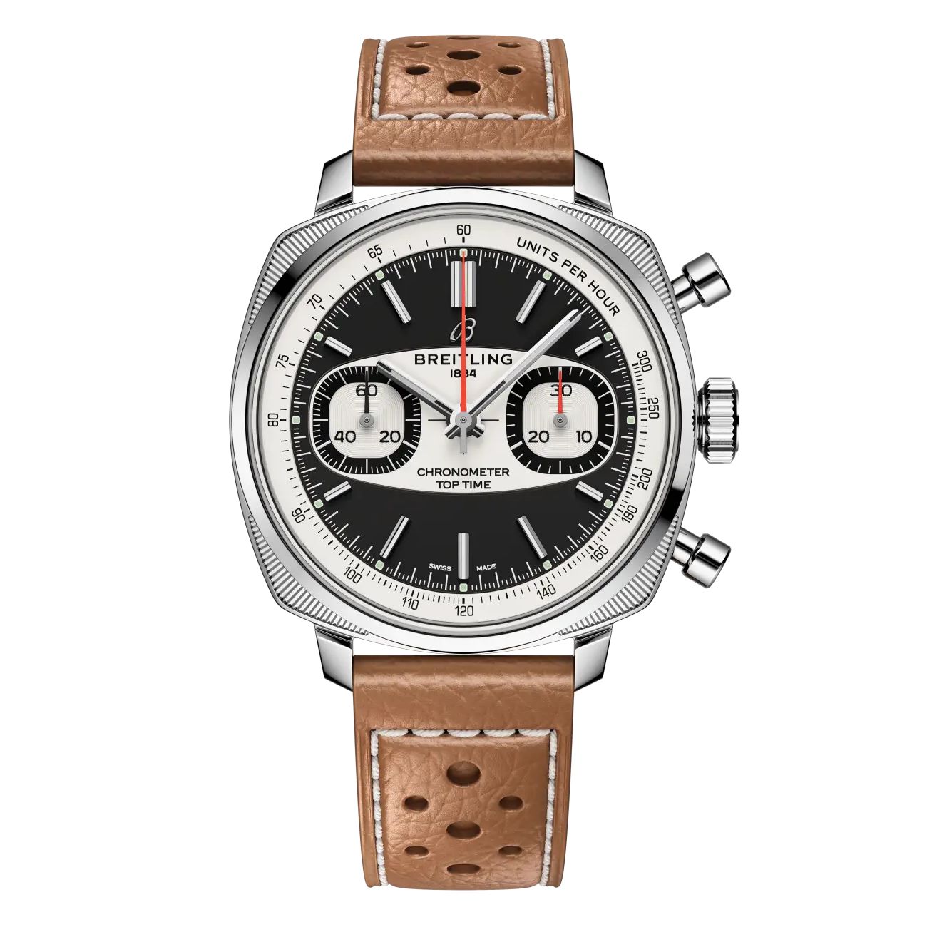 Breitling Top Time  AB01771A1B1X1 B01 Racing 38mm Black Dial Fixed Bezel Stainless Steel in Beige Calfskin Leather Strap Watch
