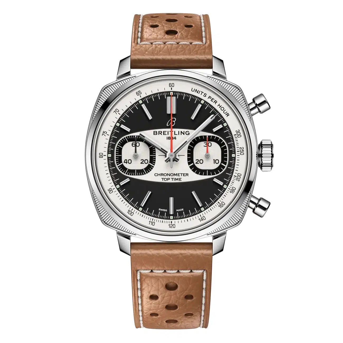 Breitling Top Time AB01771A1B1X1 B01 Racing 38mm Black Dial Fixed Bezel Stainless Steel in Beige Calfskin Leather Strap Watch