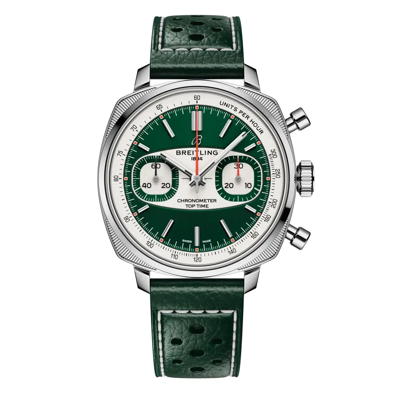 Breitling Top Time AB01771A1L1X1 B01 Racing 38mm Green Dial Fixed Bezel Stainless Steel in Green Calfskin Leather Strap Watch