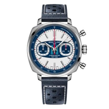 Breitling Top Time AB01772A1G1X1 B01 Racing 38mm White Dial Fixed Bezel Stainless Steel in Blue Calfskin Leather Strap Watch
