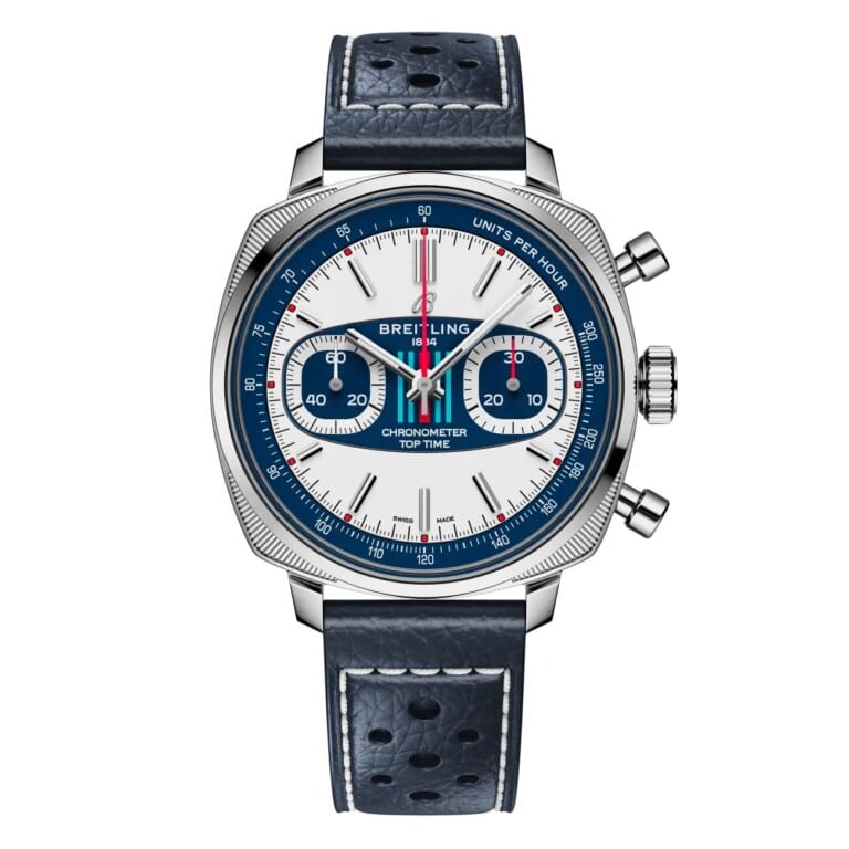 Breitling Top Time AB01772A1G1X1 B01 Racing 38mm White Dial Fixed Bezel Stainless Steel in Blue Calfskin Leather Strap Watch