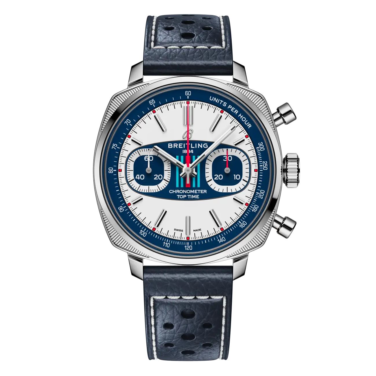 Breitling Top Time  AB01772A1G1X1 B01 Racing 38mm White Dial Fixed Bezel Stainless Steel in Blue Calfskin Leather Strap Watch