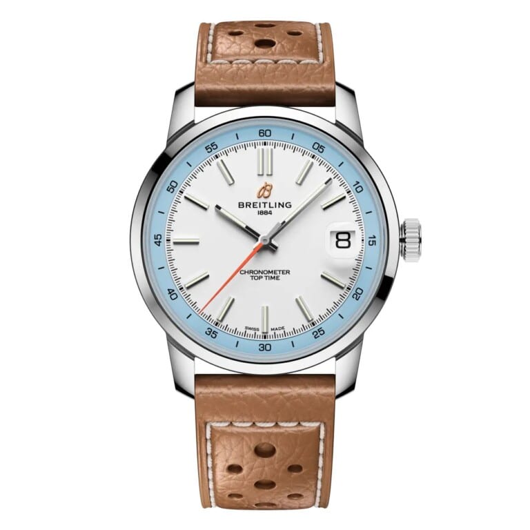 Breitling Top Time B31 AB3113281A1X1 38mm Automatic White and Sky-blue Dial Fixed Bezel Stainless Steel in Beige Calfskin