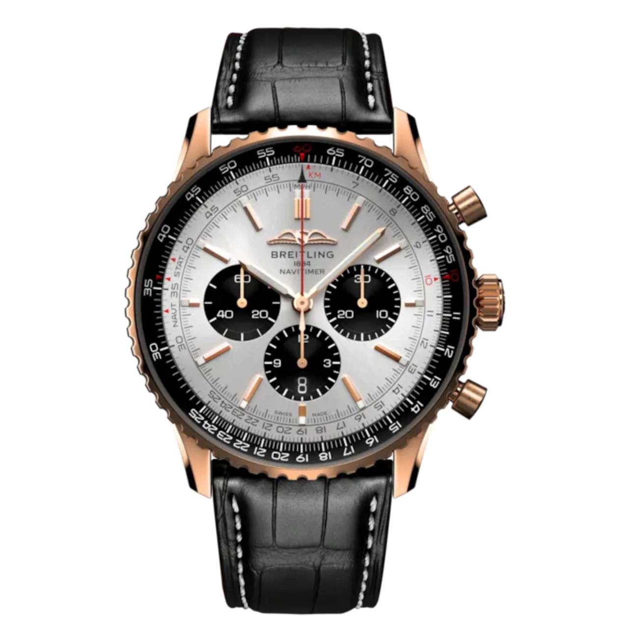 Breitling Navitimer B01 Chronograph RB0137241G1P1 46mm Silver Dial Bidirectional Rotating Bezel 18k Red Gold with Black Alligator Leather Strap Watch