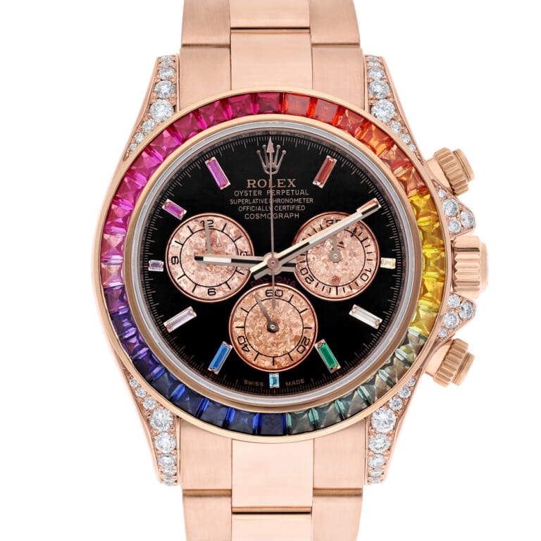 Rolex Cosmograph Daytona 116505 Rainbow Bezel Diamond Lugs Black Dial 18K Rose Gold Watch – alternate view