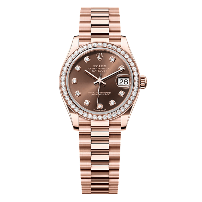 Rolex Datejust 31 278285RBR-0006 Diamond Bezel Chocolate Sunray Diamond Dial – President Rose Gold Watch