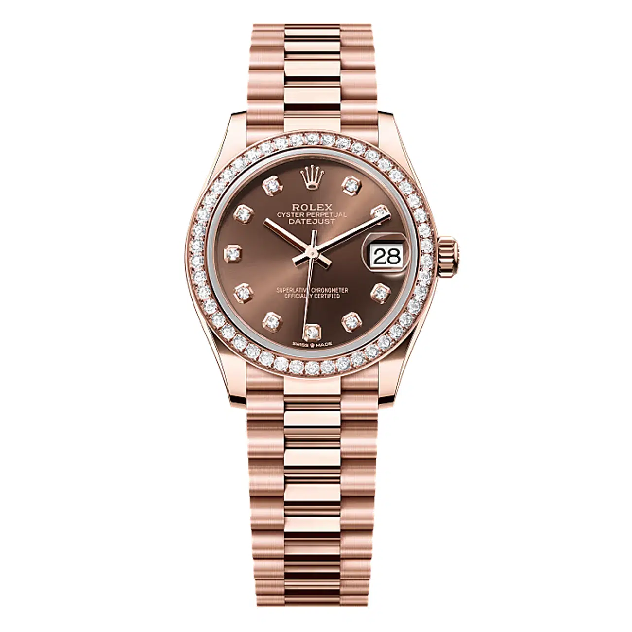 Rolex Datejust 31 278285RBR-0006 Diamond Bezel Chocolate Sunray Diamond Dial - President Rose Gold Watch