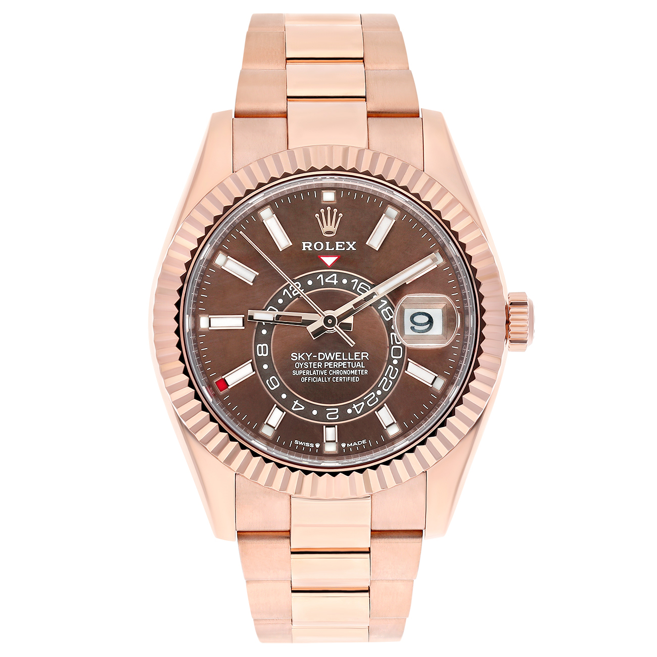 Rolex Sky-Dweller 336935-0006 Fluted Bezel Chocolate Index Dial Jubilee Bracelet Rose Gold Watch 2024