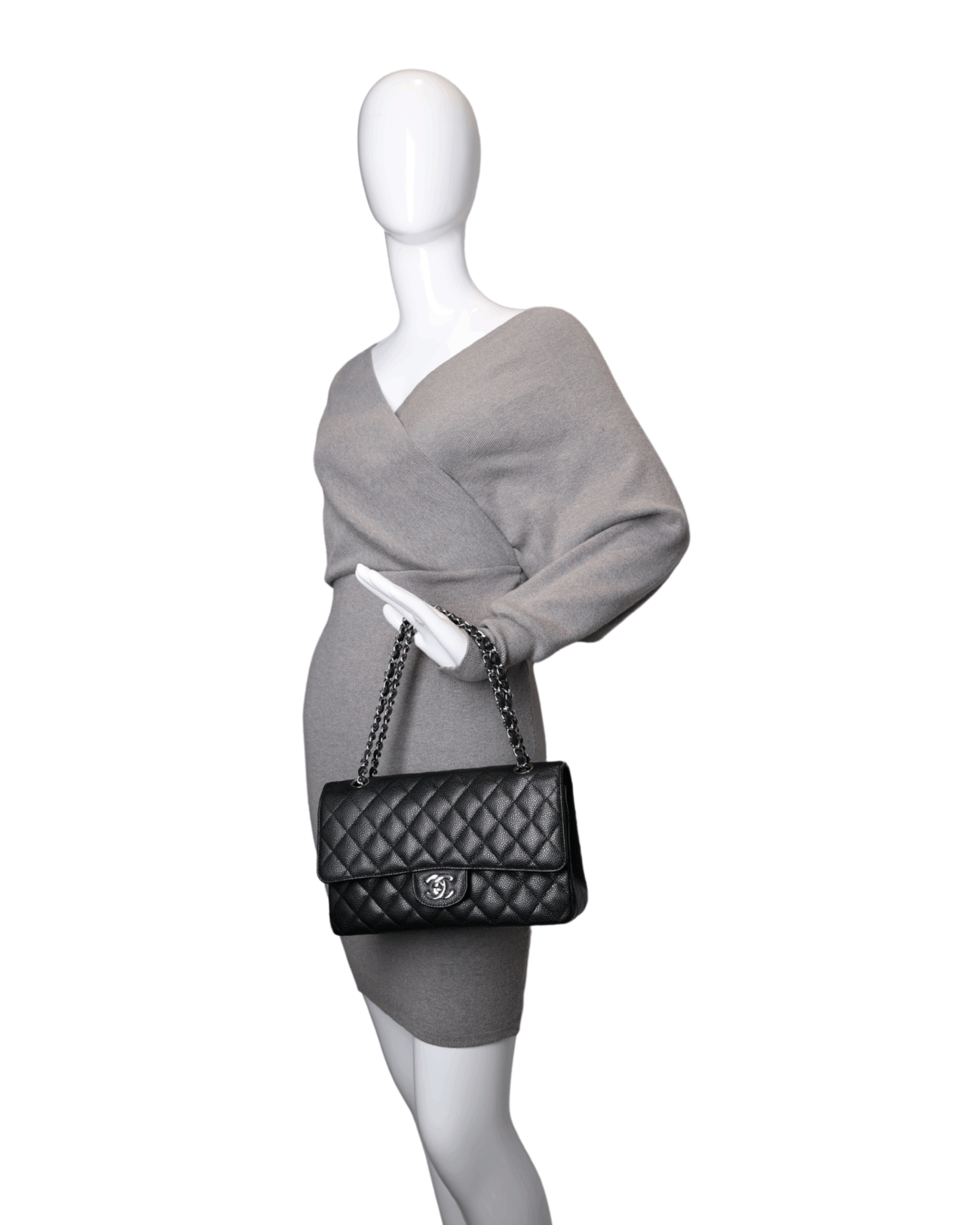 Chanel - Classic Flap Bag Medium Black Caviar & Silver (Pre-Owned)