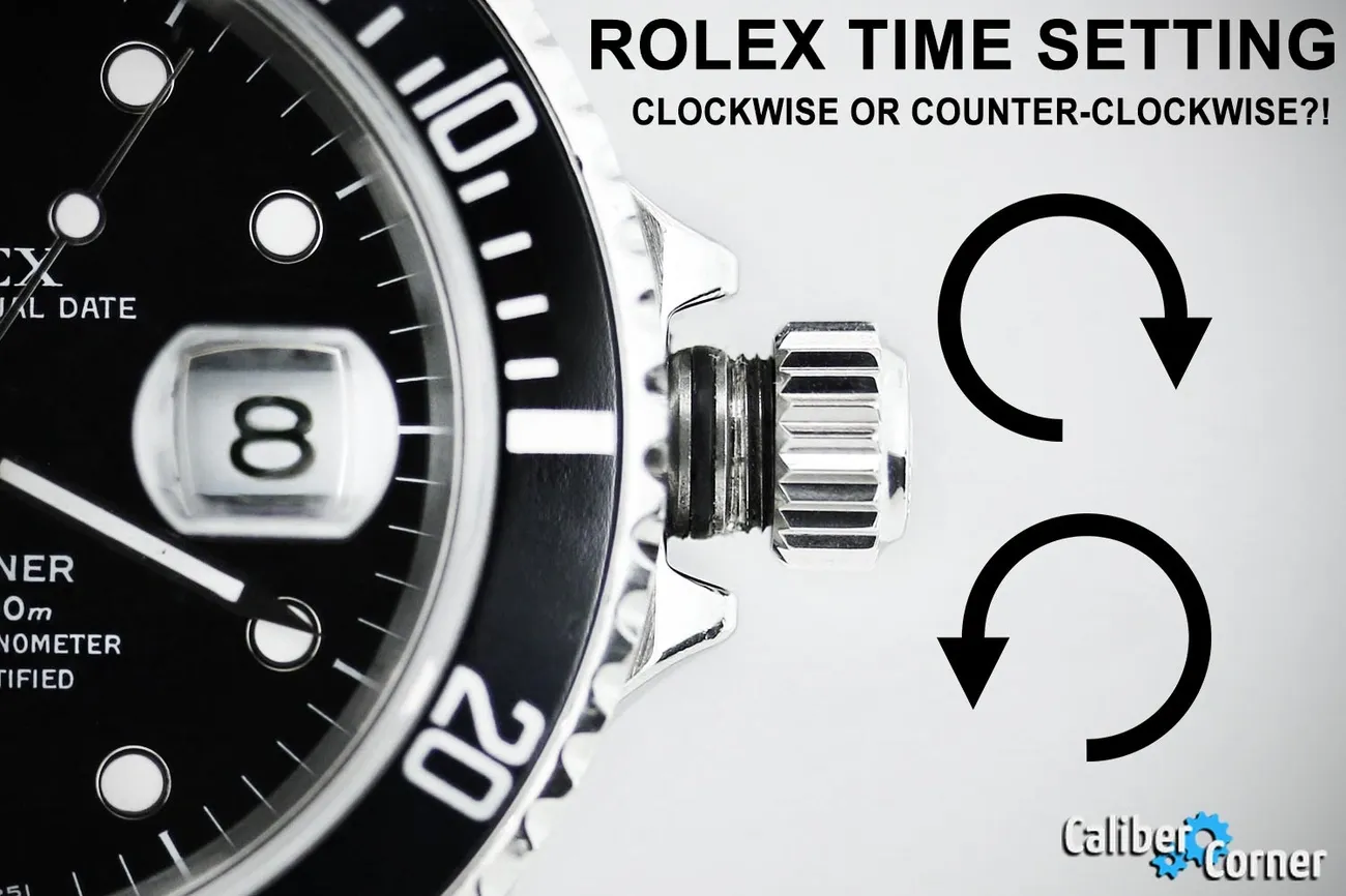 Close-up of a Rolex watch crown with clockwise and counterclockwise arrows and text about time setting directions.