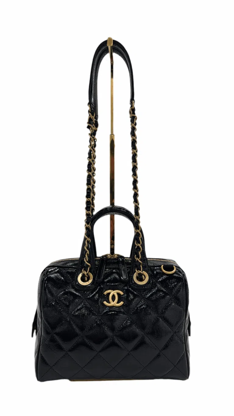 Chanel - Small Bowling Bag Patent Crumpled Calfskin & Gold-Tone Metal Black