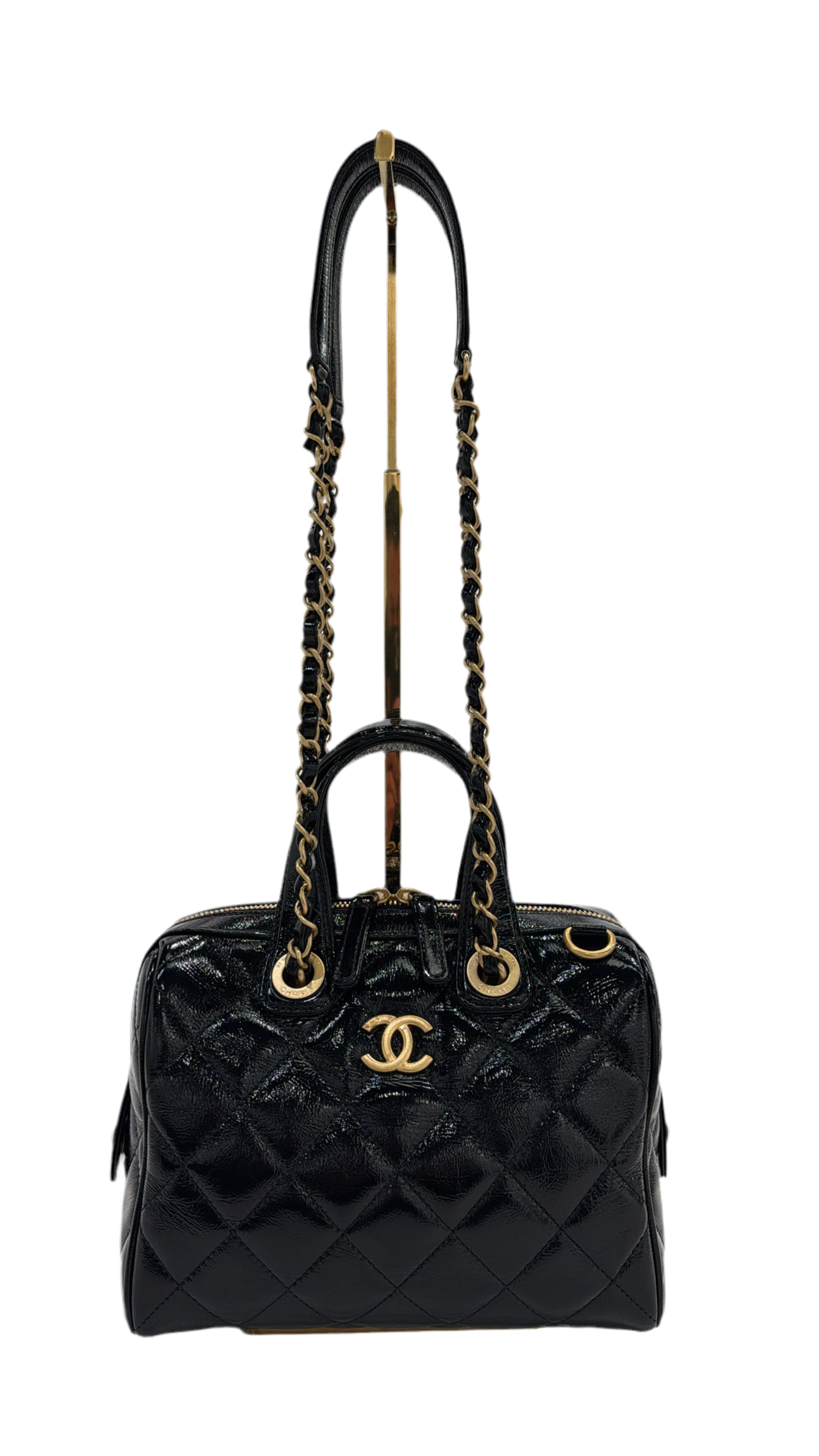 Chanel - Small Bowling Bag Patent Crumpled Calfskin & Gold-Tone Metal Black