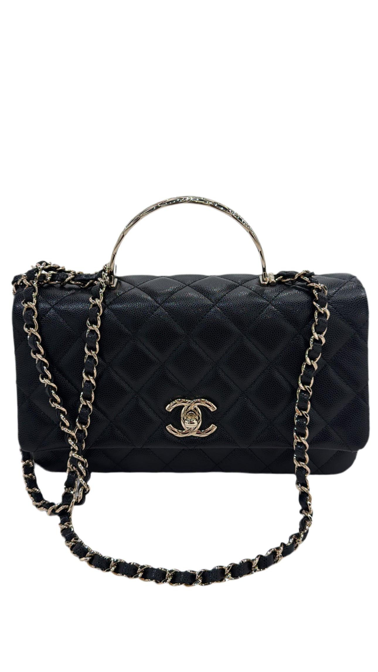 Chanel - Flap Bag Top Handle Black Caviar Champagne Hardware