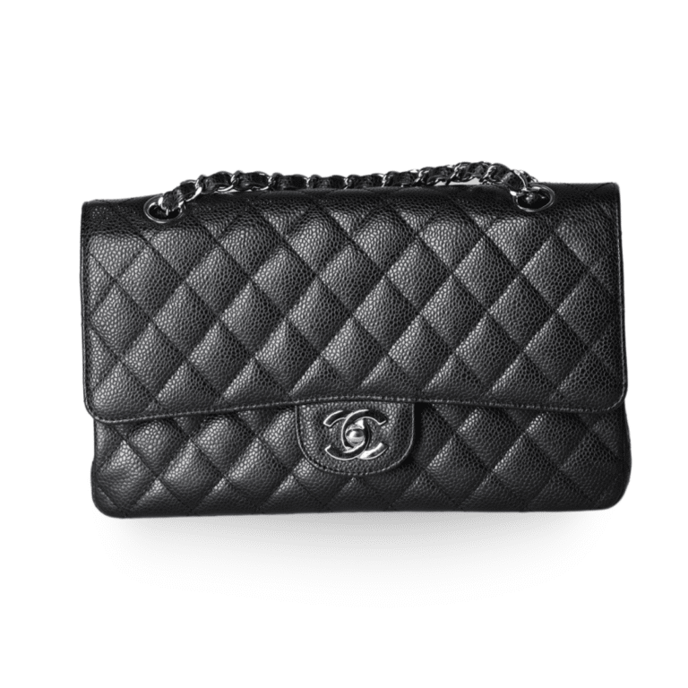 Elevate your style with the Authentic Chanel Classic Flap Bag – Medium Black Caviar, featuring diamond quilting and silver hardware.