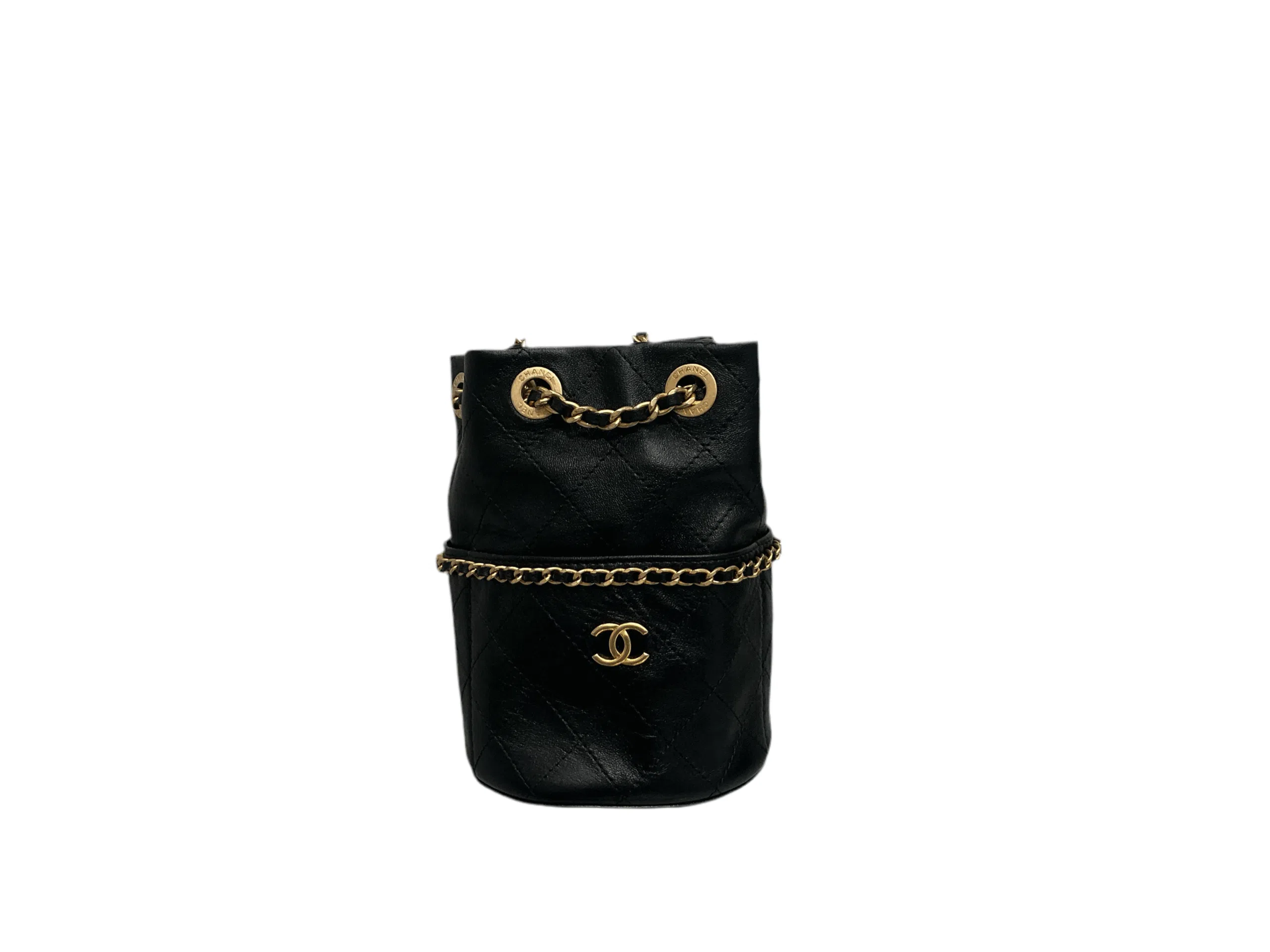 Chanel - Shiny Lambskin Quilted Chain Bucket Bag Black - Watch My