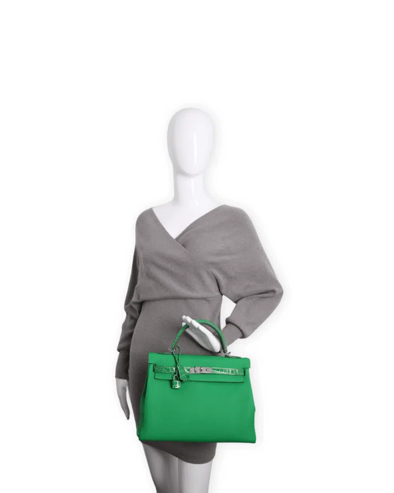 Hermes - Togo Kelly II Touch Retourne 32cm Green Crocodile Trim Palladium (Brand New)