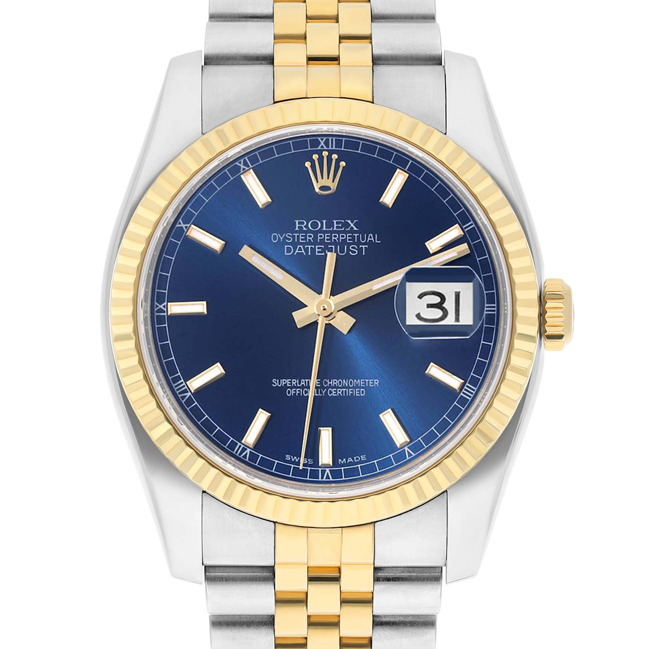 Rolex Datejust 116233 36mm Blue Stick Dial Fluted Bezel Two Tone Watch