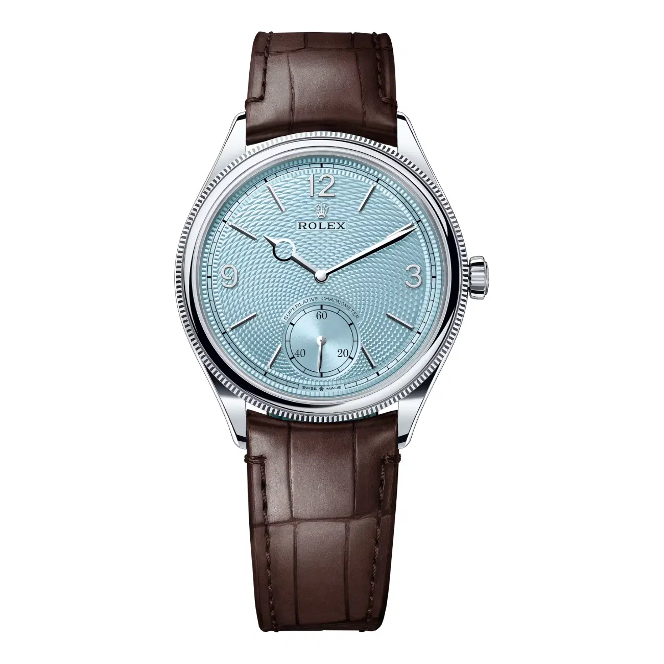 Rolex 1908 52506-0002 Platinum Alligator Leather Strap Ice Blue Dial Watch 2024
