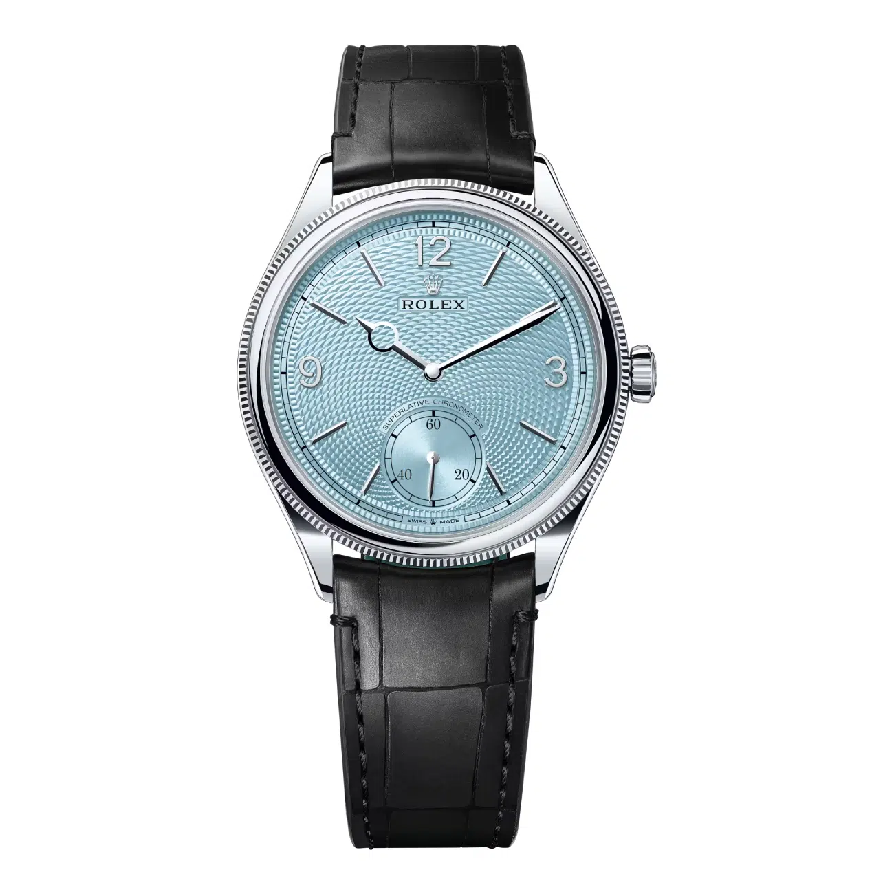 Rolex 1908 52506-0003 Platinum Alligator Leather Strap Ice Blue Dial Watch 2024